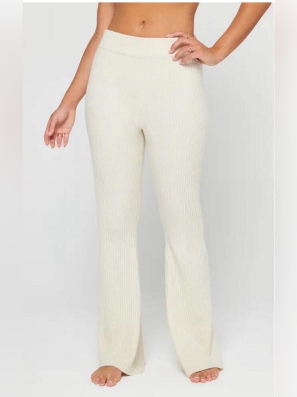 Spiritual Gangster Ribbed Knit Wide-Leg Pants - Cream size Medium